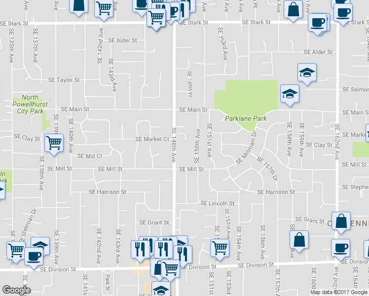 map of restaurants, bars, coffee shops, grocery stores, and more near 1640 Southeast 148th Avenue in Portland