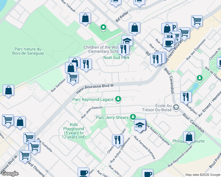 map of restaurants, bars, coffee shops, grocery stores, and more near 4680 Rue Vittorio-Fiorucci in Montréal