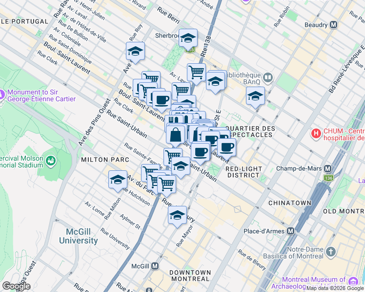 map of restaurants, bars, coffee shops, grocery stores, and more near 2120 Rue Clark in Montréal