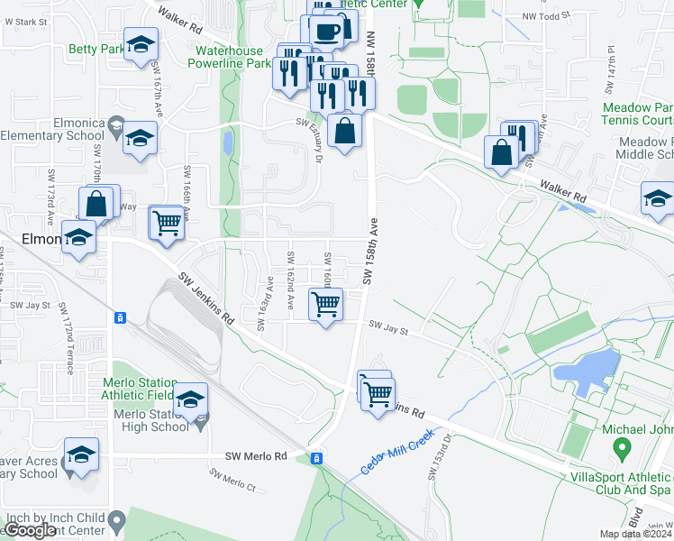 map of restaurants, bars, coffee shops, grocery stores, and more near 15951 Southwest Mortondale Lane in Beaverton