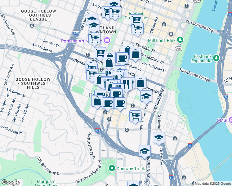 map of restaurants, bars, coffee shops, grocery stores, and more near 1800 Southwest 6th Avenue in Portland