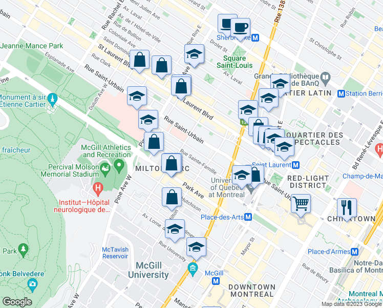 map of restaurants, bars, coffee shops, grocery stores, and more near 3575 Rue Sainte-Famille in Montréal