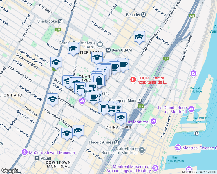 map of restaurants, bars, coffee shops, grocery stores, and more near 201 Rue Charlotte in Montréal