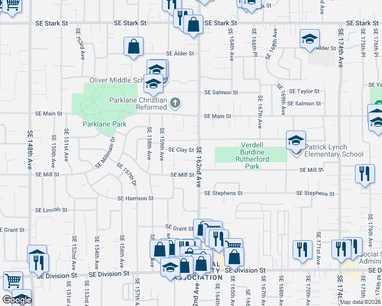 map of restaurants, bars, coffee shops, grocery stores, and more near 16050 Southeast Clay Street in Portland