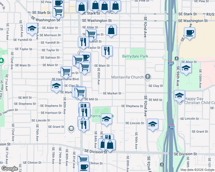 map of restaurants, bars, coffee shops, grocery stores, and more near 1611 Southeast 86th Avenue in Portland