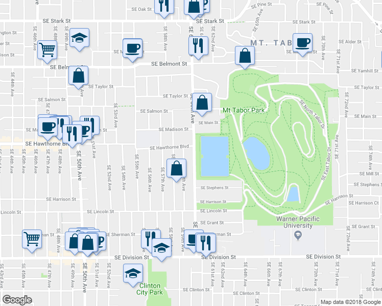 map of restaurants, bars, coffee shops, grocery stores, and more near 1522 Southeast 59th Avenue in Portland