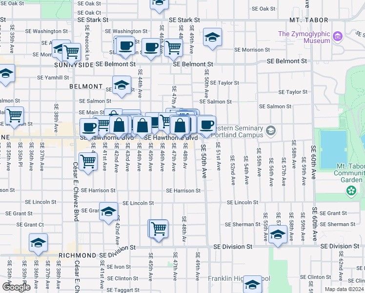 map of restaurants, bars, coffee shops, grocery stores, and more near 4801-4807 Southeast Hawthorne Boulevard in Portland