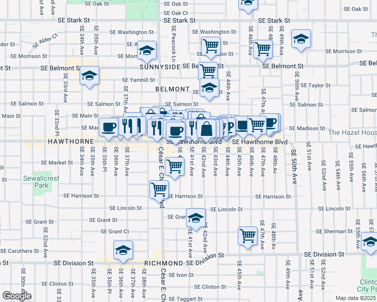 map of restaurants, bars, coffee shops, grocery stores, and more near 1525 Southeast 41st Avenue in Portland