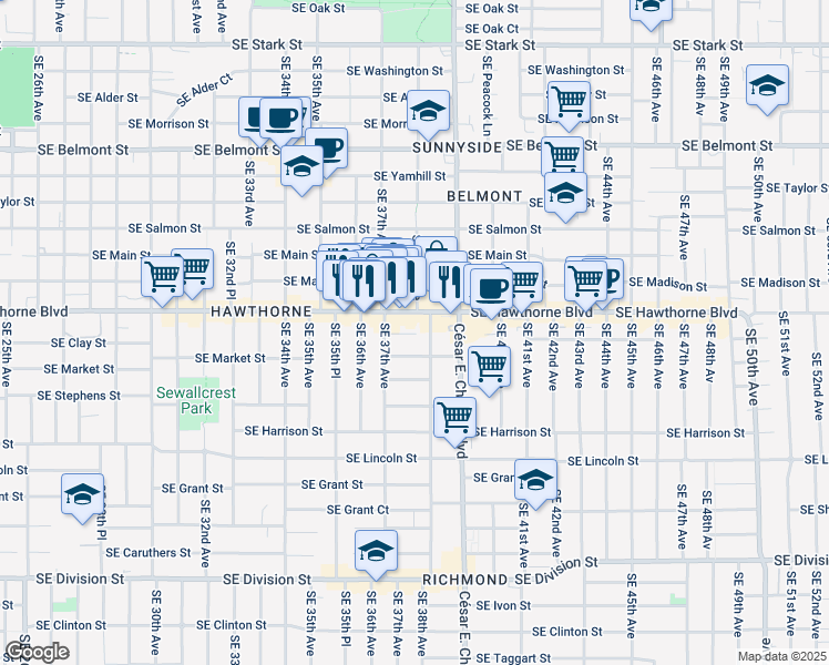map of restaurants, bars, coffee shops, grocery stores, and more near 3735 Southeast Clay Street in Portland
