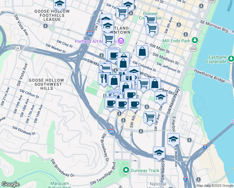 map of restaurants, bars, coffee shops, grocery stores, and more near 1828 Southwest Broadway in Portland