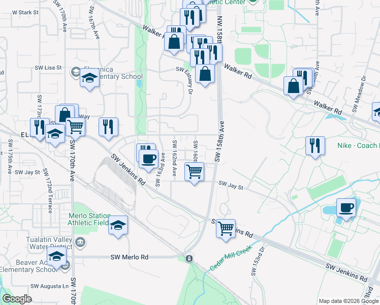 map of restaurants, bars, coffee shops, grocery stores, and more near 16114 Southwest Mason Lane in Beaverton