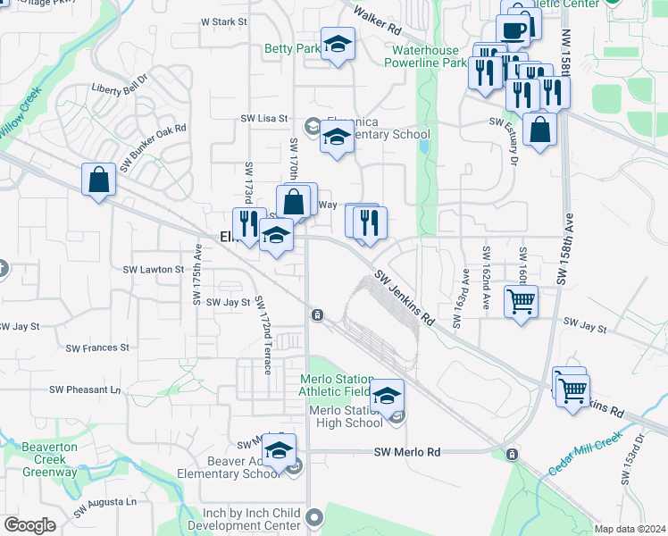 map of restaurants, bars, coffee shops, grocery stores, and more near 1130 Southwest 170th Avenue in Beaverton