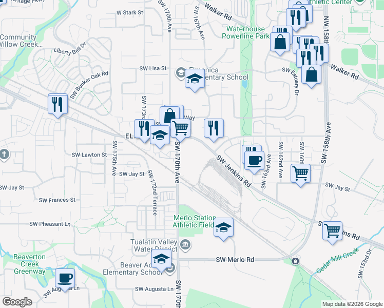 map of restaurants, bars, coffee shops, grocery stores, and more near 1010 Southwest 170th Avenue in Beaverton