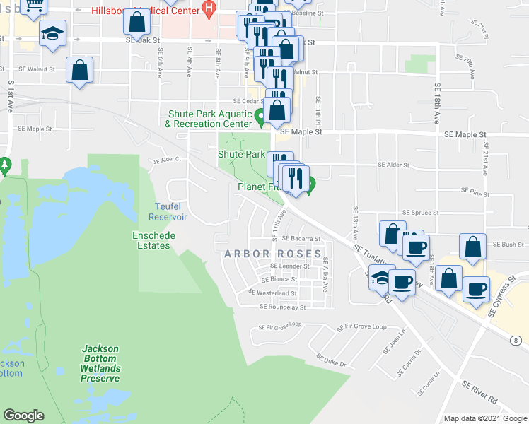 map of restaurants, bars, coffee shops, grocery stores, and more near 903 Southeast Elina Avenue in Hillsboro
