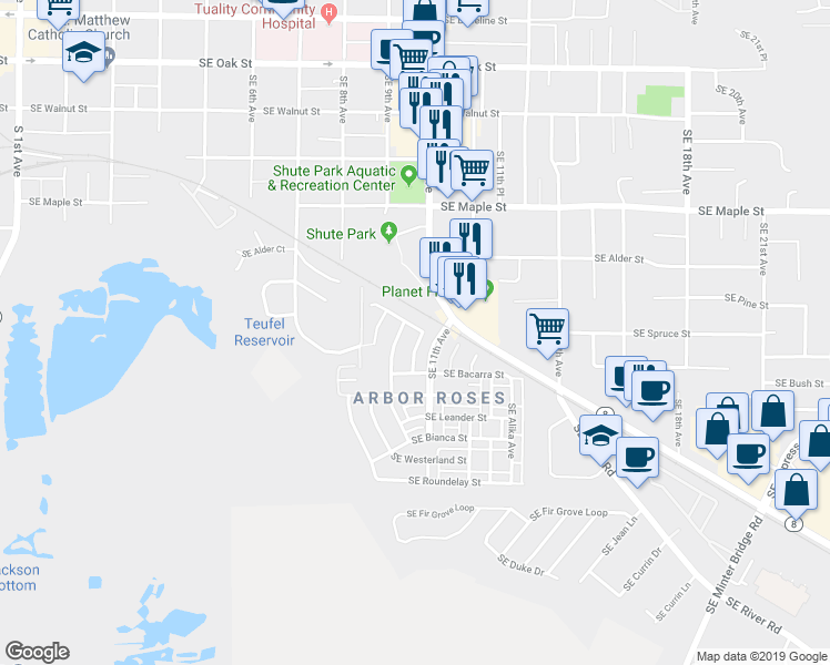 map of restaurants, bars, coffee shops, grocery stores, and more near 903 Southeast Elina Avenue in Hillsboro
