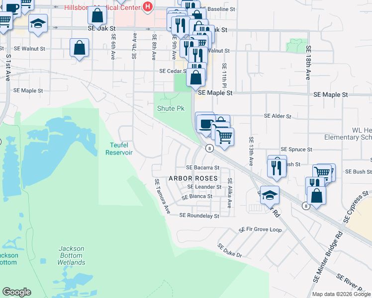 map of restaurants, bars, coffee shops, grocery stores, and more near 903 Southeast Elina Avenue in Hillsboro