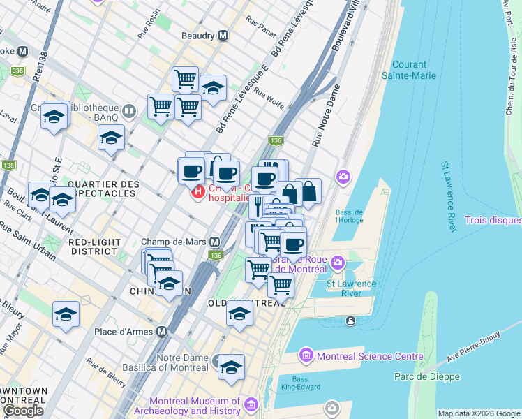 map of restaurants, bars, coffee shops, grocery stores, and more near 455 Rue Saint-Louis in Montréal