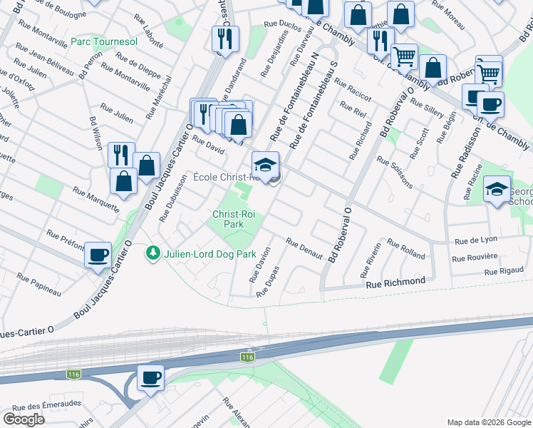 map of restaurants, bars, coffee shops, grocery stores, and more near Rue Duhamel in Longueuil