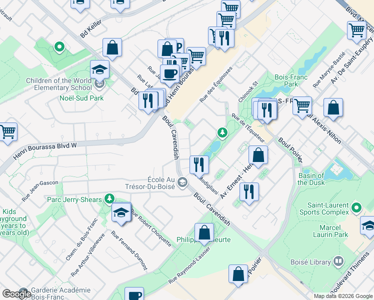 map of restaurants, bars, coffee shops, grocery stores, and more near 2330 Rue Modigliani in Montréal