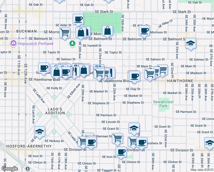 map of restaurants, bars, coffee shops, grocery stores, and more near 1535 Southeast 24th Avenue in Portland