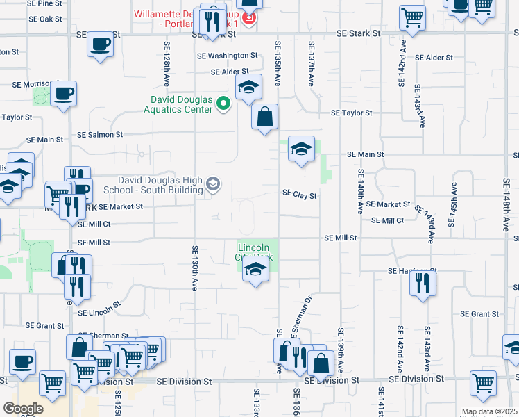 map of restaurants, bars, coffee shops, grocery stores, and more near 1707 Southeast 135th Avenue in Portland