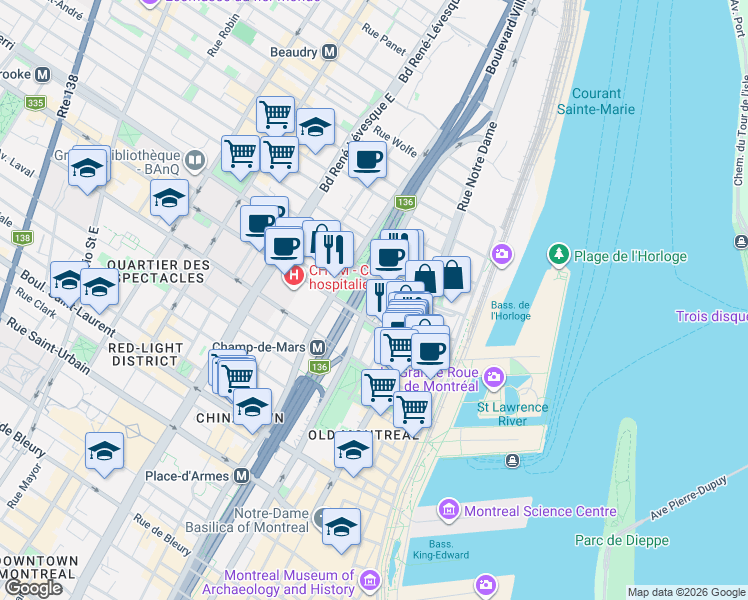 map of restaurants, bars, coffee shops, grocery stores, and more near 442 Rue Saint-Antoine Est in Montréal