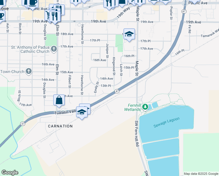 map of restaurants, bars, coffee shops, grocery stores, and more near 2908 13th Place in Forest Grove