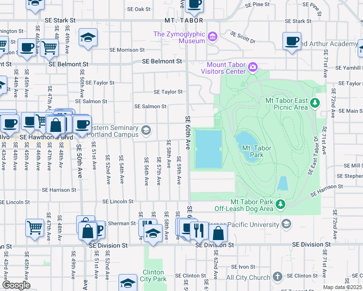 map of restaurants, bars, coffee shops, grocery stores, and more near 1522 Southeast 59th Avenue in Portland