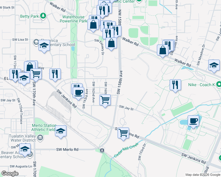map of restaurants, bars, coffee shops, grocery stores, and more near 15921 Southwest Mortondale Lane in Beaverton