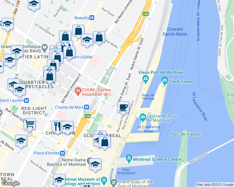 map of restaurants, bars, coffee shops, grocery stores, and more near 530 Rue Berri in Montréal