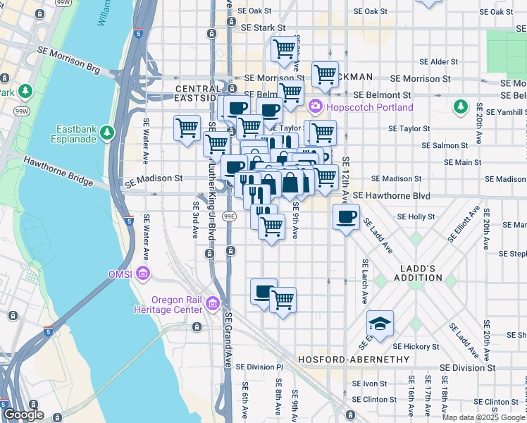 map of restaurants, bars, coffee shops, grocery stores, and more near in Portland