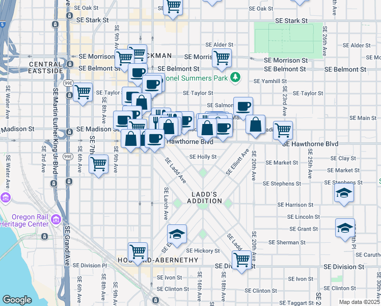 map of restaurants, bars, coffee shops, grocery stores, and more near 1517 Southeast Holly Street in Portland