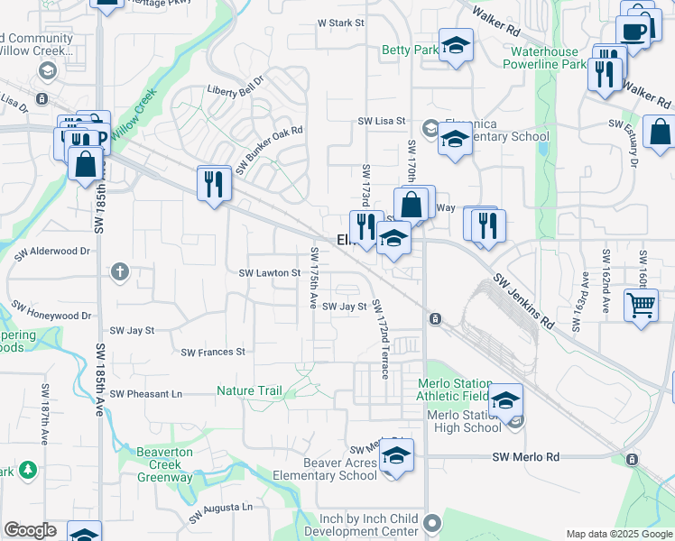 map of restaurants, bars, coffee shops, grocery stores, and more near 17389 Southwest Lawton Street in Beaverton