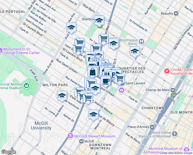 map of restaurants, bars, coffee shops, grocery stores, and more near 2120 Rue Clark in Montréal