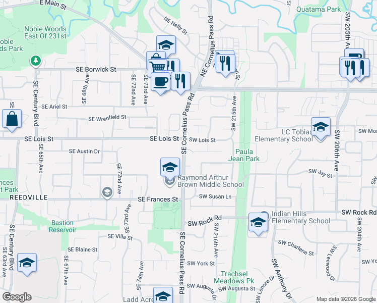 map of restaurants, bars, coffee shops, grocery stores, and more near 21831 Southwest Kristin Court in Beaverton