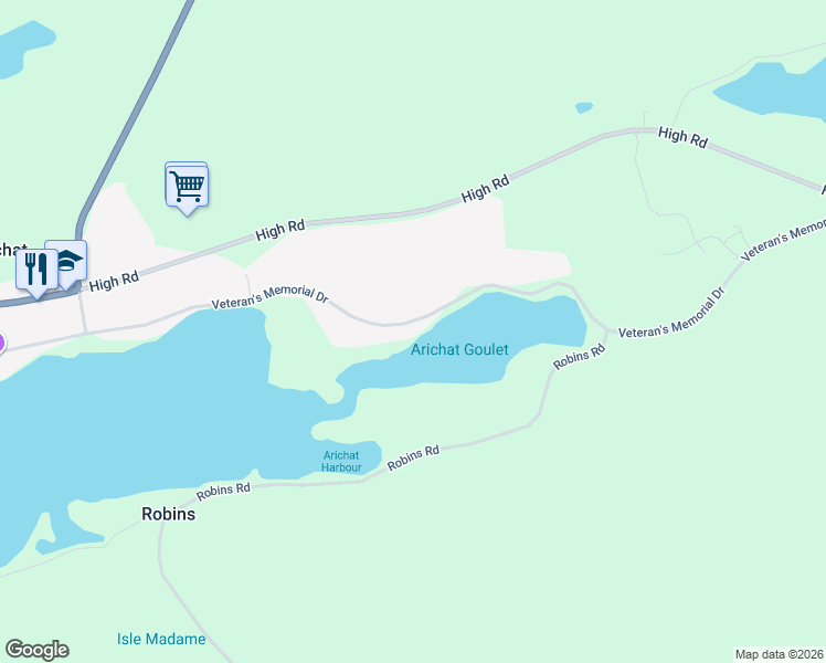 map of restaurants, bars, coffee shops, grocery stores, and more near 978 Veteran's Memorial Drive in Arichat