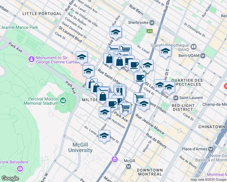 map of restaurants, bars, coffee shops, grocery stores, and more near 3581 Rue Sainte-Famille in Montréal