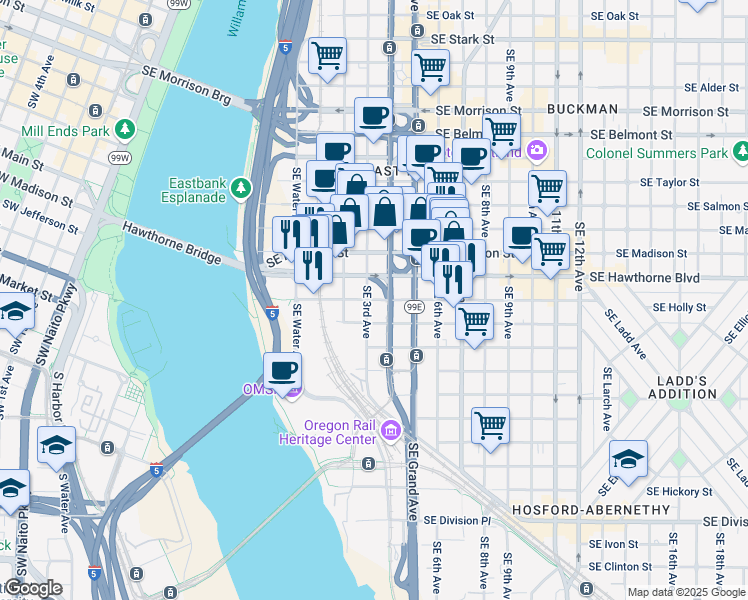 map of restaurants, bars, coffee shops, grocery stores, and more near 1510 Southeast 3rd Avenue in Portland