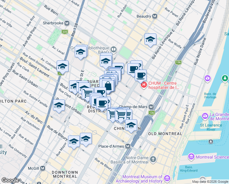 map of restaurants, bars, coffee shops, grocery stores, and more near 1245 Avenue de l'Hôtel-de-Ville in Montréal