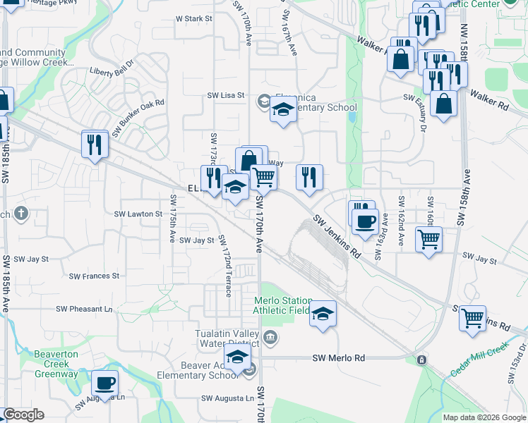 map of restaurants, bars, coffee shops, grocery stores, and more near 1010 Southwest 170th Avenue in Beaverton