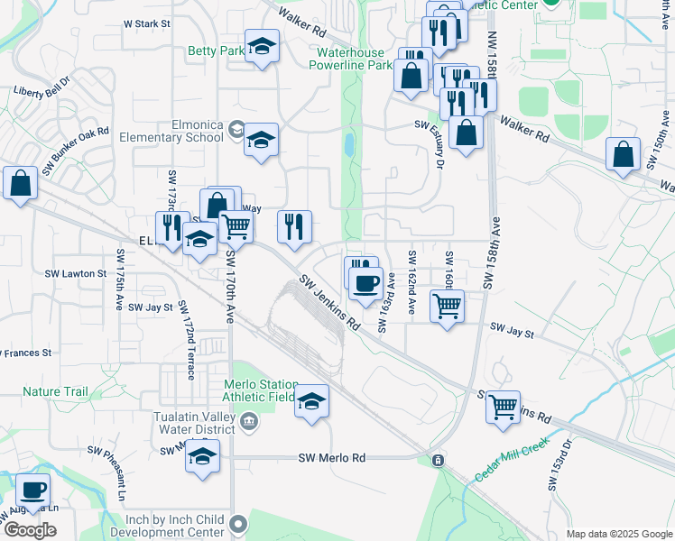 map of restaurants, bars, coffee shops, grocery stores, and more near 1138 Southwest Kiley Way in Beaverton