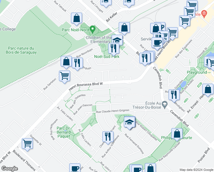 map of restaurants, bars, coffee shops, grocery stores, and more near 4740 Rue Vittorio-Fiorucci in Montréal