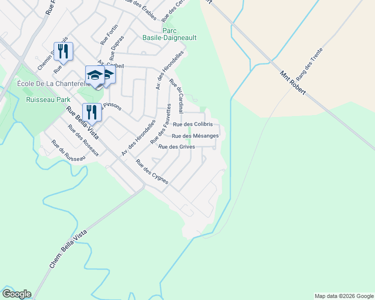 map of restaurants, bars, coffee shops, grocery stores, and more near 22 Rue des Grives in Saint-Basile-le-Grand