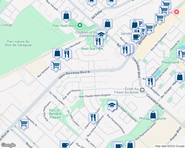 map of restaurants, bars, coffee shops, grocery stores, and more near 4740 Rue Vittorio-Fiorucci in Montréal