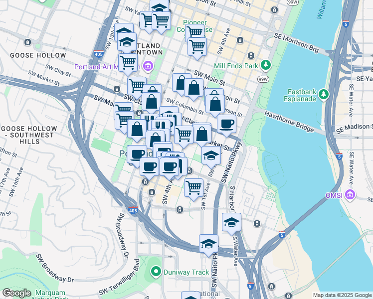 map of restaurants, bars, coffee shops, grocery stores, and more near 1732 Southwest 4th Avenue in Portland
