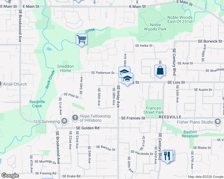 map of restaurants, bars, coffee shops, grocery stores, and more near 1123 Southeast 58th Avenue in Hillsboro