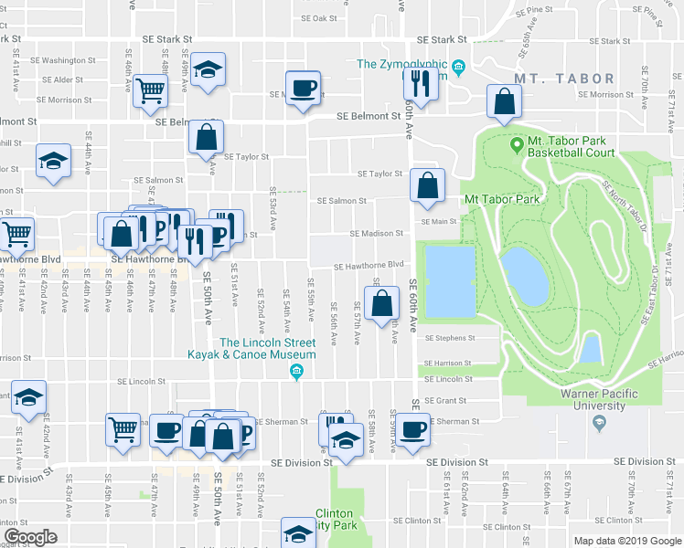 map of restaurants, bars, coffee shops, grocery stores, and more near 5616 Southeast Hawthorne Boulevard in Portland