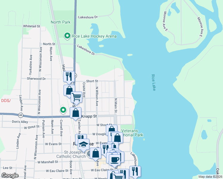 map of restaurants, bars, coffee shops, grocery stores, and more near 920 N Main St in Rice Lake