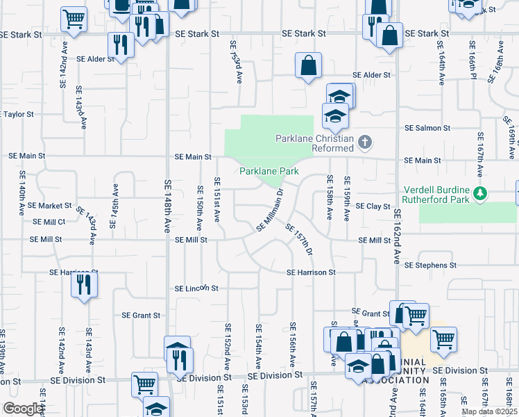 map of restaurants, bars, coffee shops, grocery stores, and more near 15332 Southeast Clay Court in Portland