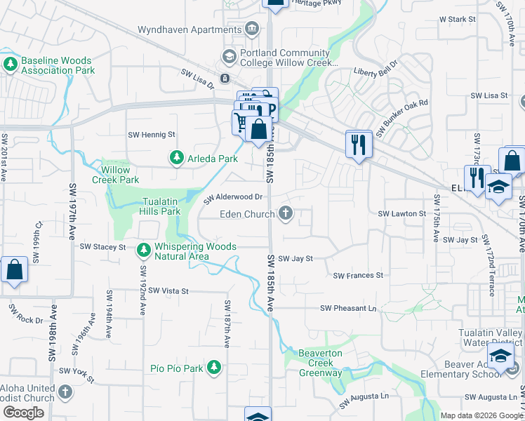 map of restaurants, bars, coffee shops, grocery stores, and more near 18535 Southwest Longacre Street in Aloha